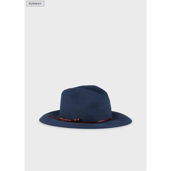 RARE EMPORIO ARMANI Straw Hat w/ Leather Strap Navy Blue Brown NWOT - Picture 3 of 7